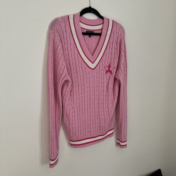 JEFFREE STAR Cosmetics Pink Embroidered Varsity Cableknit Sweater, Pink- M - Picture 3 of 10